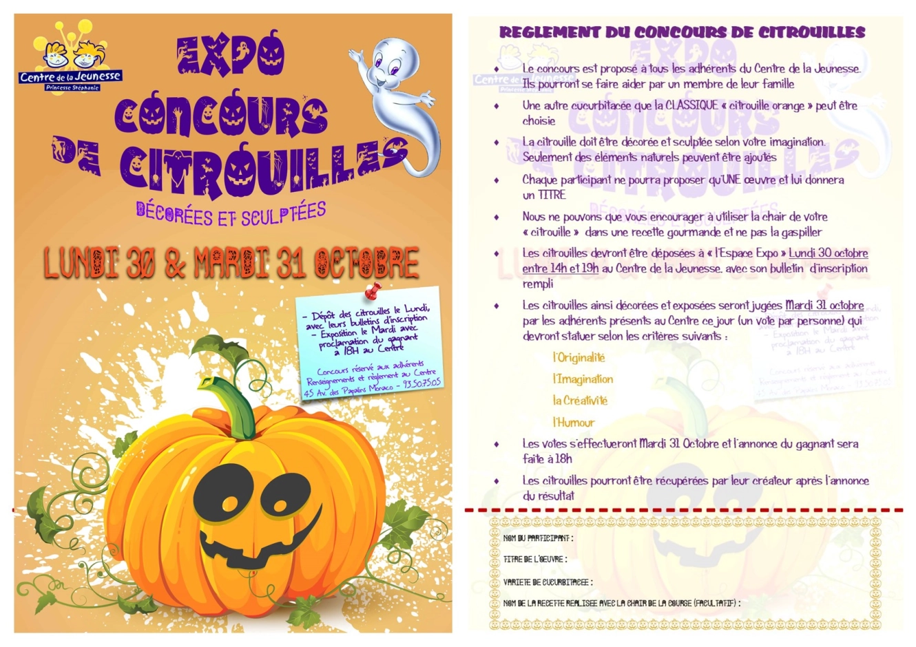 Centre de la jeunesse Princesse Stéphanie - Concours citrouille